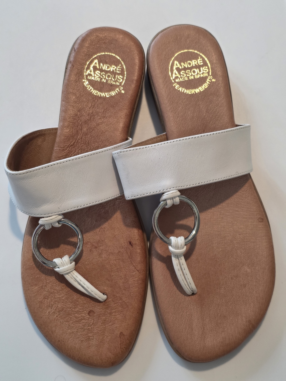 Andre Assous White Leather Ring-Front Slide Sandals